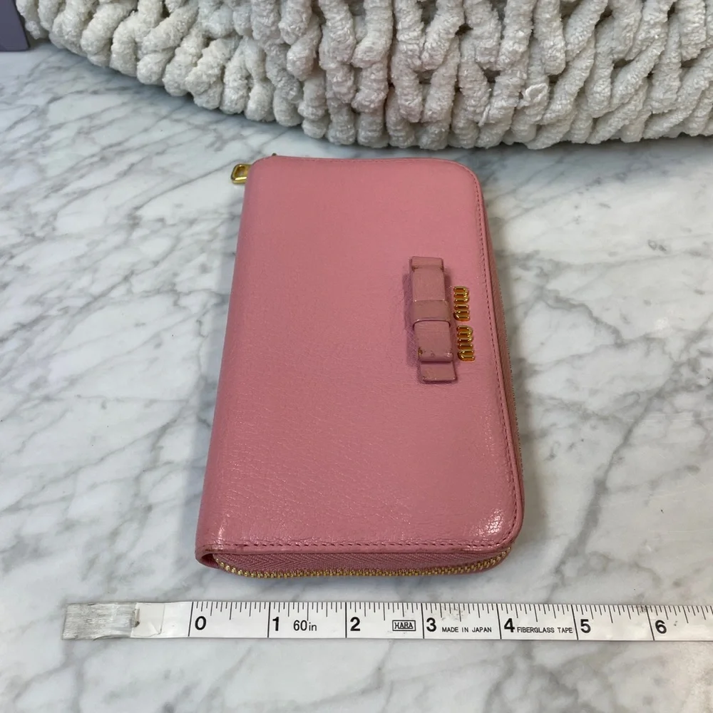 Miu Miu Rose Pink Leather Zip-Around Wallet with Bow